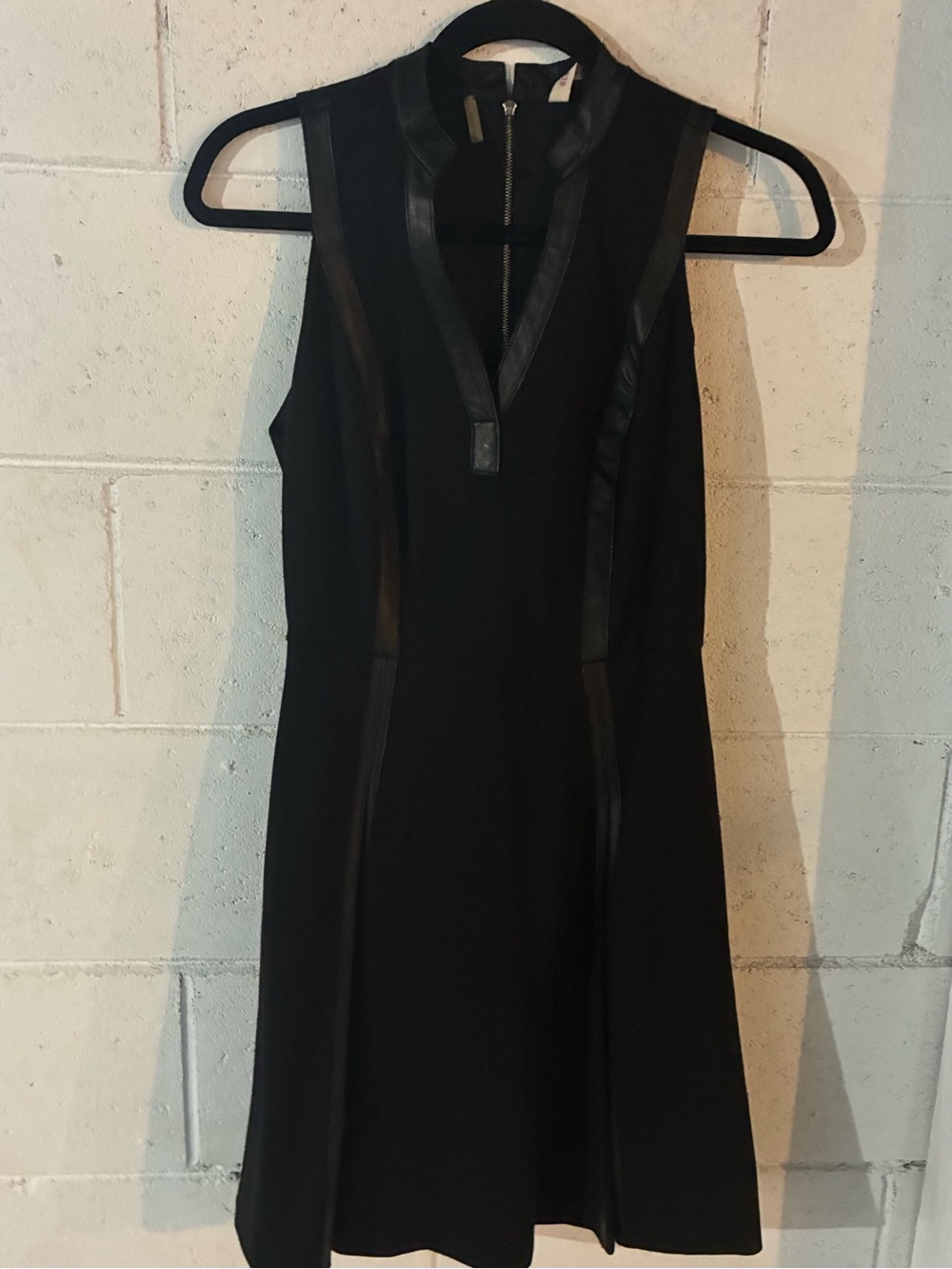 Rebecca Taylor Black Sleeveless V-Neck Mini Dress with Faux Leather Trim